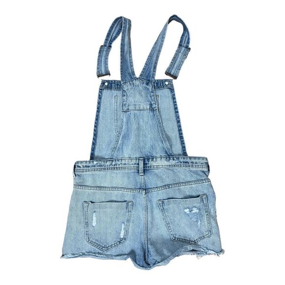 Forever 21 Blue Denim Jean Adjustable Raw Hem Overalls Shortalls Distressed - Picture 5 of 5